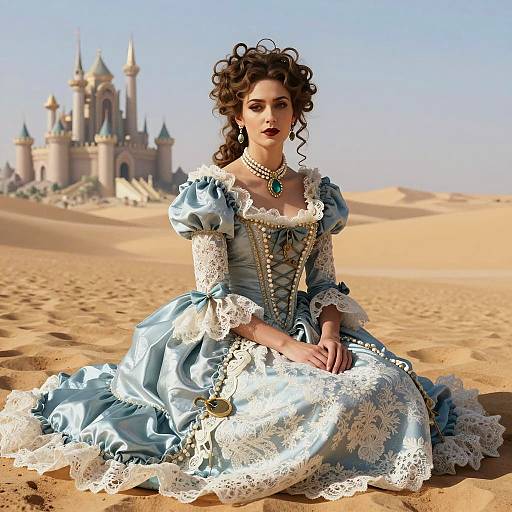 Woman in vintage blue gown in surreal desert