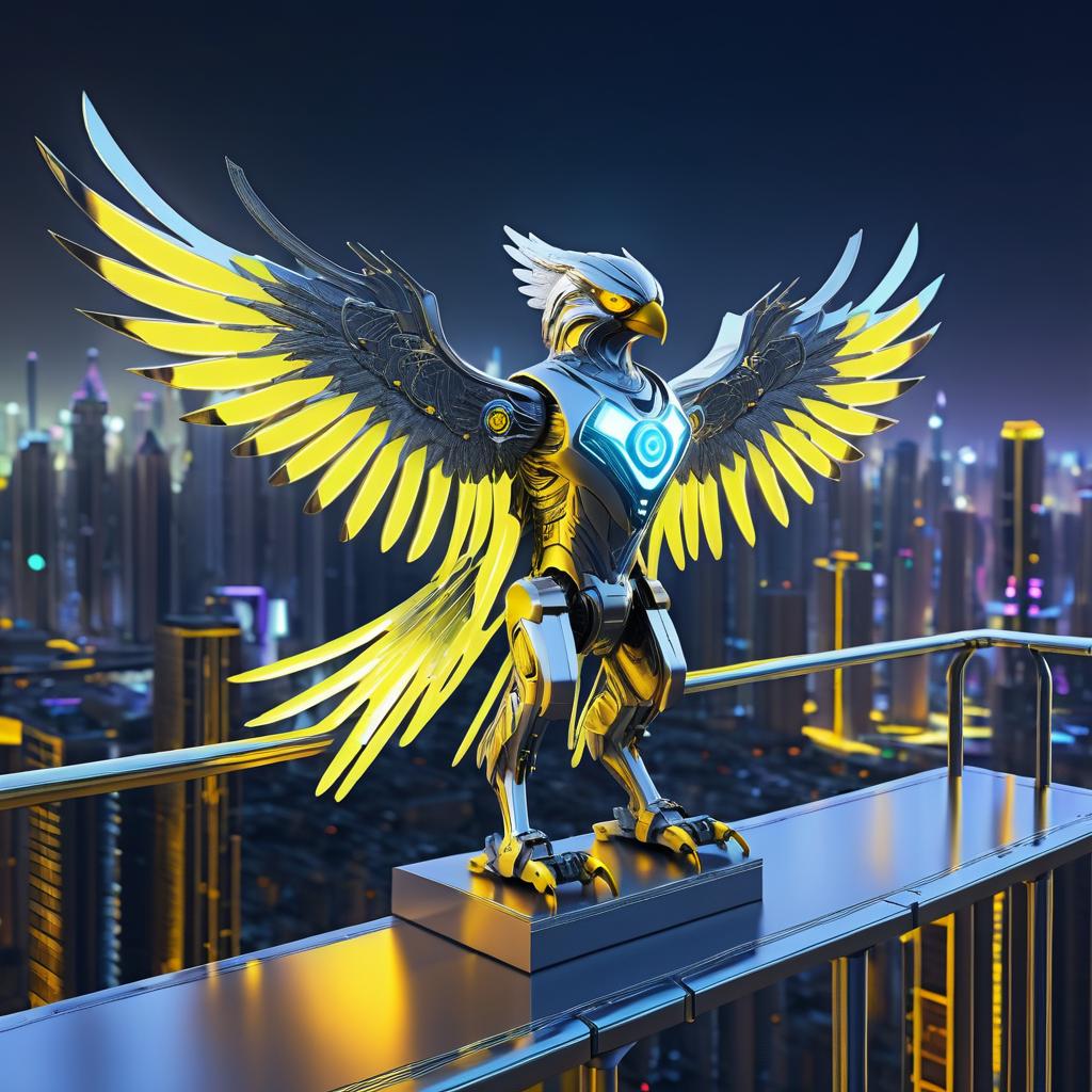 Cybernetic Hawk in Futuristic Cityscape