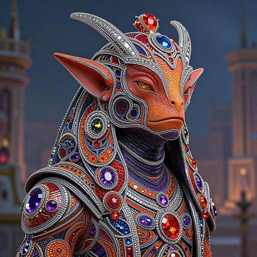 Digital artwork of an ornate, orange-skinned, horned humanoid with intricate, multicolored gemstone and silver jewelry, set against a mystical