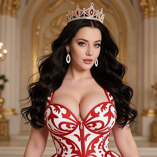 Photorealistic CGI image of a fair-skinned woman with long black hair, wearing a red and white ornate corset, gold crown, and