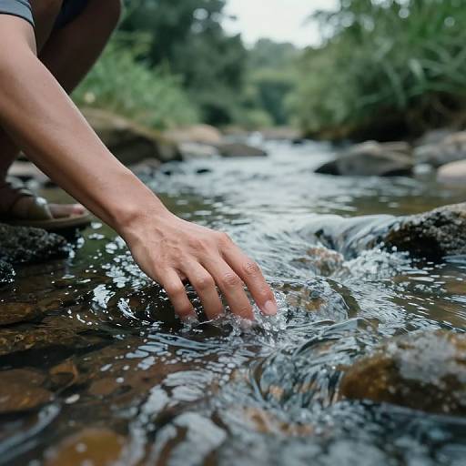 Photograph of a person's hand gently touching clear, flowing stream water, surrounded by rocks and lush greenery.