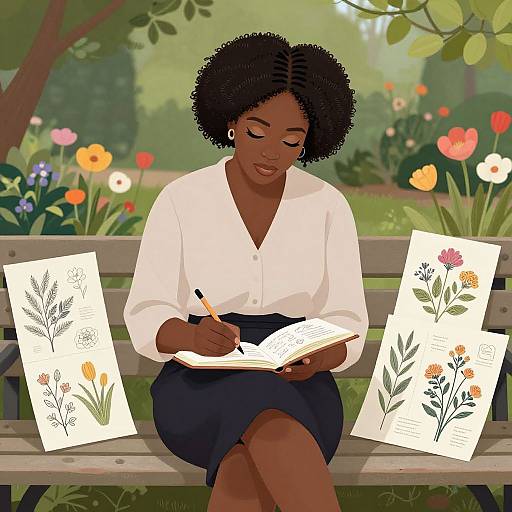 Digital illustration of a dark-skinned woman with curly hair, wearing a white blouse and navy skirt, sketching floral designs on a park bench surrounded by