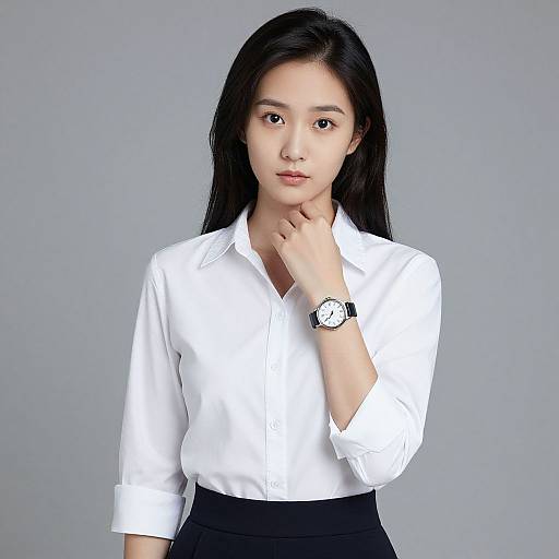 Photograph of an Asian woman with long black hair, wearing a white button-up shirt, black skirt, and a black wristwatch, against a plain