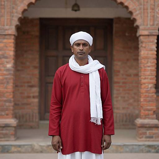 Photograph of a serious-looking Black man in a red traditional kurta, white scarf, and white cap, standing in front of a brick archway