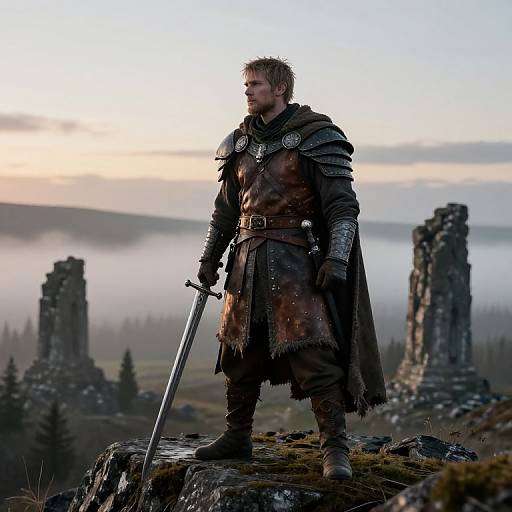 Photograph of a bearded, armored warrior standing on a rocky outcrop, holding a sword, with misty ruins and forest in the background at