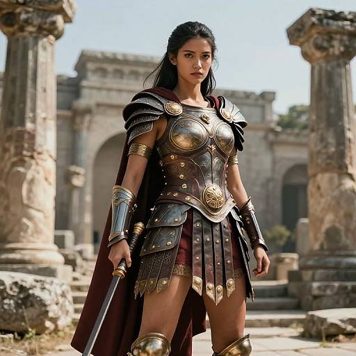 Digital artwork of a fierce, dark-haired warrior woman in golden and black armor, holding a sword, standing in a sunlit ancient ruins backdrop.