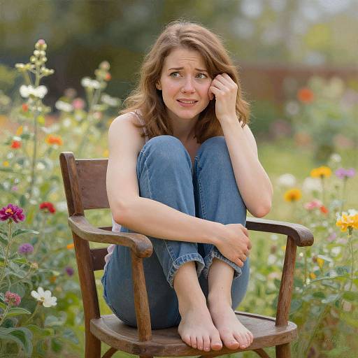 Photograph of a smiling young woman with wavy brown hair, wearing blue jeans, barefoot, sitting on a wooden chair in a colorful, blo