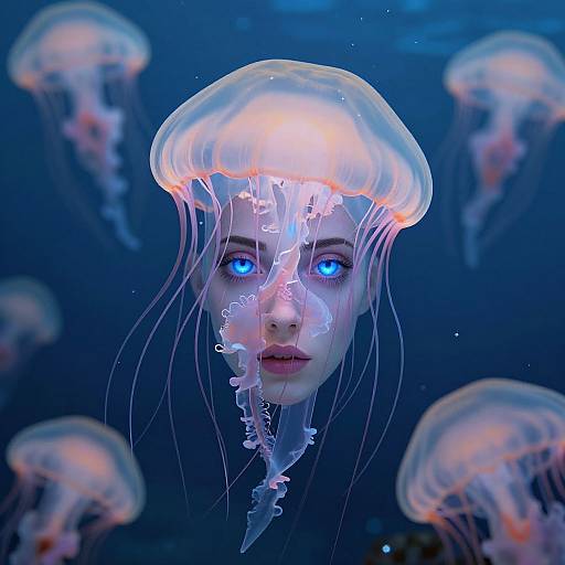Digital artwork of a pale-skinned, blue-eyed woman with translucent jellyfish tentacles covering her face, surrounded by glowing jellyfish in a dark blue