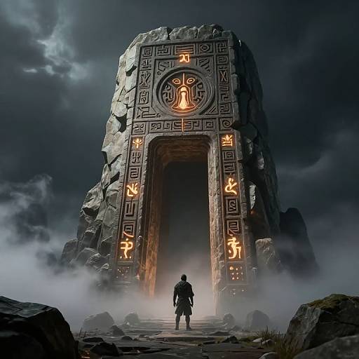 Photorealistic digital artwork of a silhouetted figure standing before a towering, stone archway adorned with glowing, ancient runes and symbols in a