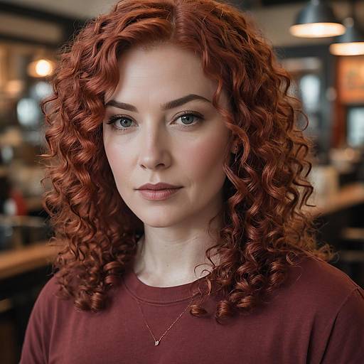Red Curly Haired Woman in Coffee Shop