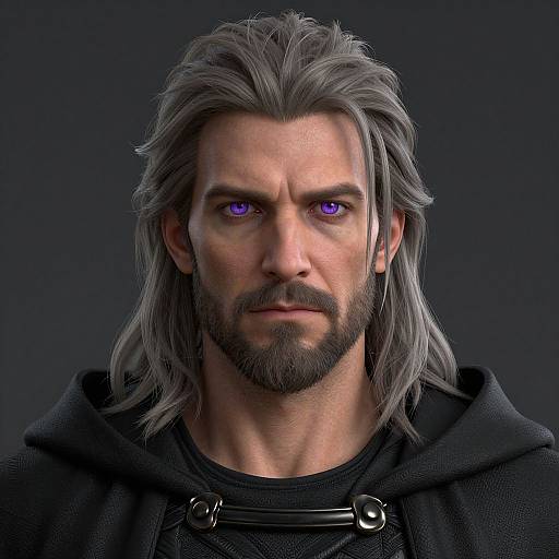 CGI portrait of a muscular, bearded man with long, gray hair, intense purple eyes, and a serious expression, wearing a black hooded