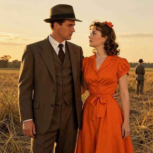 Photograph of a 1940s-style couple in a golden sunset field; man in brown suit and hat, woman in orange dress and hairpin