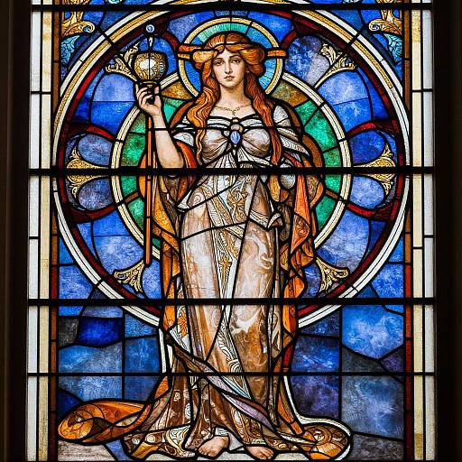 Stained glass artwork of a serene, red-haired woman in a flowing, metallic dress, holding a fan, surrounded by a vibrant blue circular design.