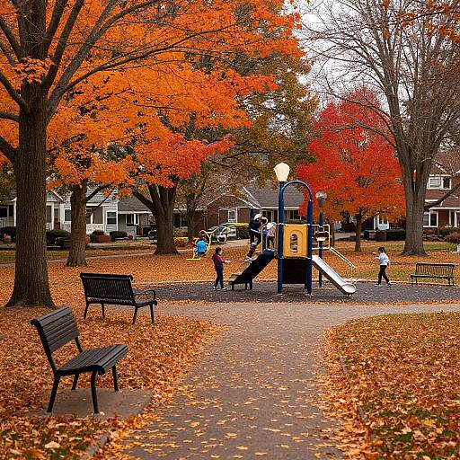 Photograph of a playground in autumn, with vivid orange leaves, black benches, and children playing on a colorful climbing structure.