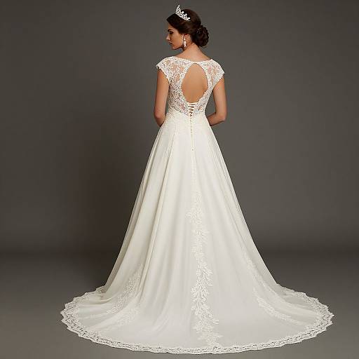 Photograph of a bride in a white lace-back wedding gown with a long, flowing train, facing away, wearing a silver tiara.