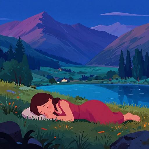 Digital illustration of a woman with brown hair, sleeping on a grassy hill by a blue lake, surrounded by mountains and trees. She wears a red