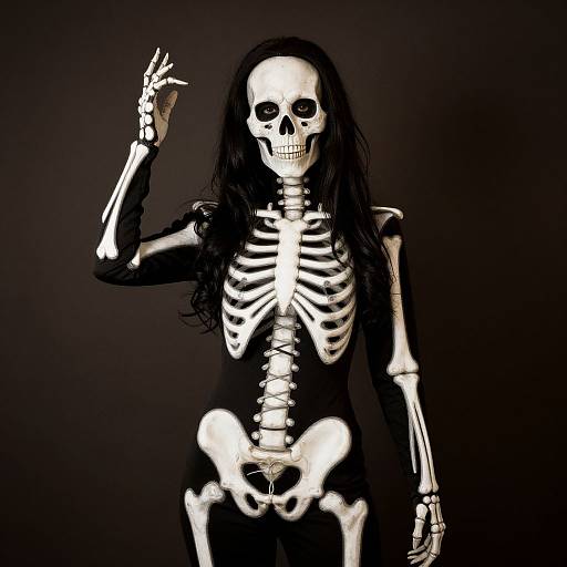 Photograph of a glowing white skeleton with long black hair, raising a hand, set against a dark black background.