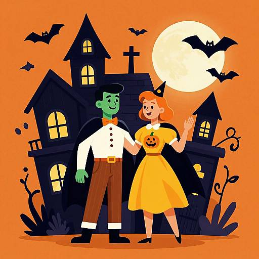 Cartoon illustration of green zombie boy in white shirt and brown pants, with orange-haired girl in yellow dress with pumpkin, standing in front of haunted house