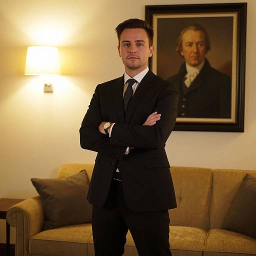 Photograph of a serious man in a black suit with crossed arms, standing in a living room with a framed portrait behind him. Warm wall scon