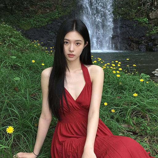 Photograph of an Asian woman with long black hair in a red sleeveless dress, sitting in a lush green meadow with yellow daisies,