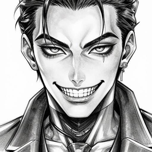 Black-and-white manga-style drawing of a sinister man with slicked-back hair, sharp eyebrows, and a wide, toothy grin. He wears a