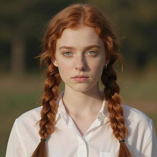 Photograph of a young red-haired girl with green eyes, wearing a white button-up shirt, her hair in two braided pigtails, standing