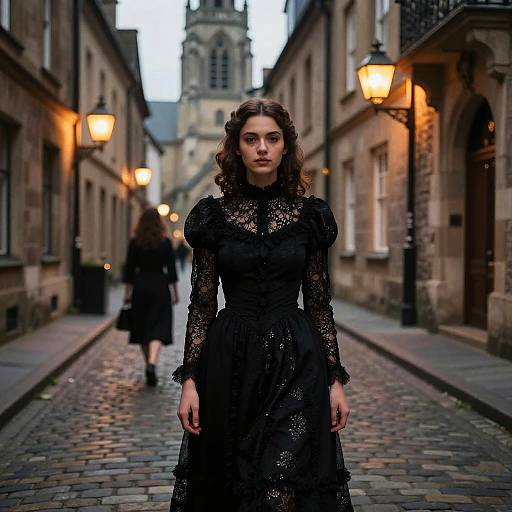 Photograph of a young woman with curly brown hair in a black lace dress standing on a cobblestone street in a medieval European town at dusk,