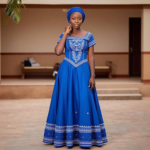 Photograph of a beautiful Black woman with dark skin, wearing an elegant blue off-shoulder dress and matching headwrap, standing in a sunlit