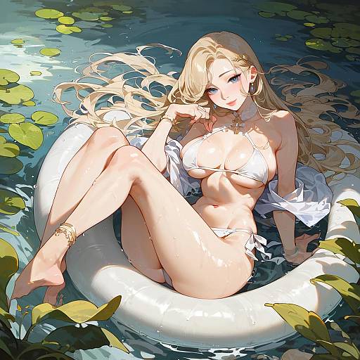 Anime Woman in White Bikini on Inflatable Ring
