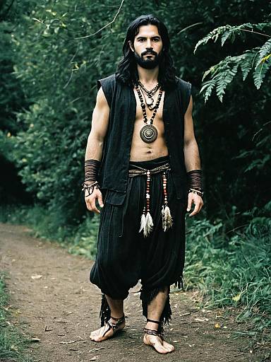 Man in Pagan Costume Standing in Forest