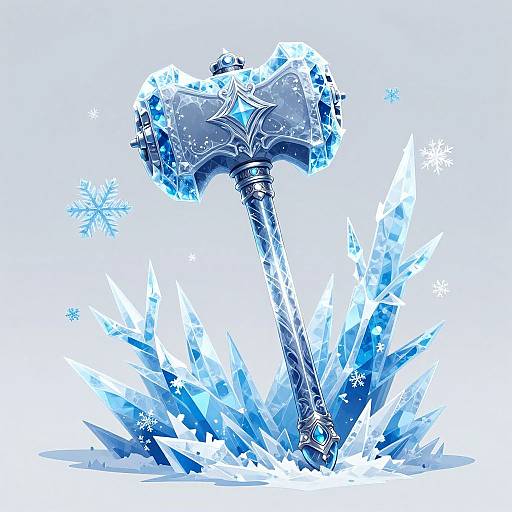 Digital illustration of an ornate, ice-encrusted hammer emerging from a burst of icy blue crystals with snowflakes.