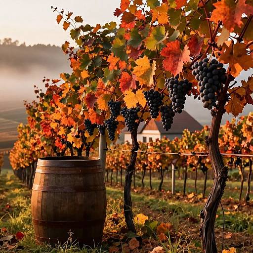 Photograph of a vineyard at sunset, featuring rows of grapevines with vibrant red, orange, and yellow leaves, a wooden barrel in the