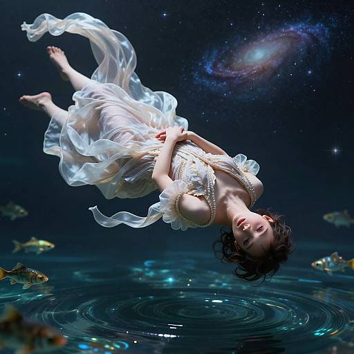 Digital artwork: Ethereal woman in flowing white dress, floating upside-down in dark, starry water, surrounded by glowing fish, with a cosmic galaxy