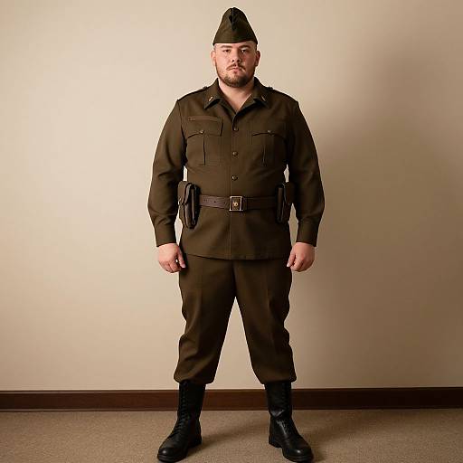 Photograph of a muscular, bearded man in a dark brown military uniform with a hat, belt, and black boots, standing against a plain beige