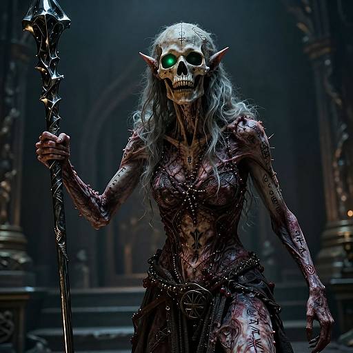 Digital CGI of a skeletal, green-eyed, elf-like creature with long gray hair, holding a spiked staff, wearing tattered dark robes, in a