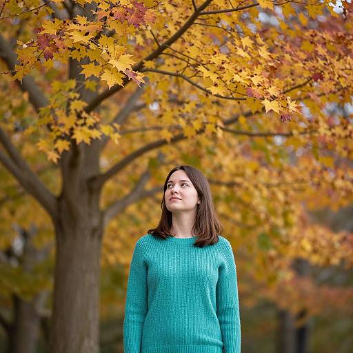 Photograph of a young woman with fair skin and dark brown hair, wearing a teal knit sweater, standing under an autumn tree with vibrant yellow and orange