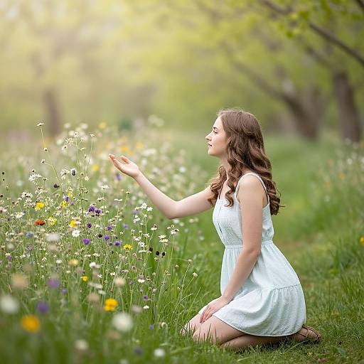 Photograph of a brown-haired woman in a white dress kneeling in a sunlit meadow, gently touching white and yellow wildflowers.
