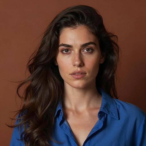 Portrait of Woman with Dark Hair and Blue Shirt