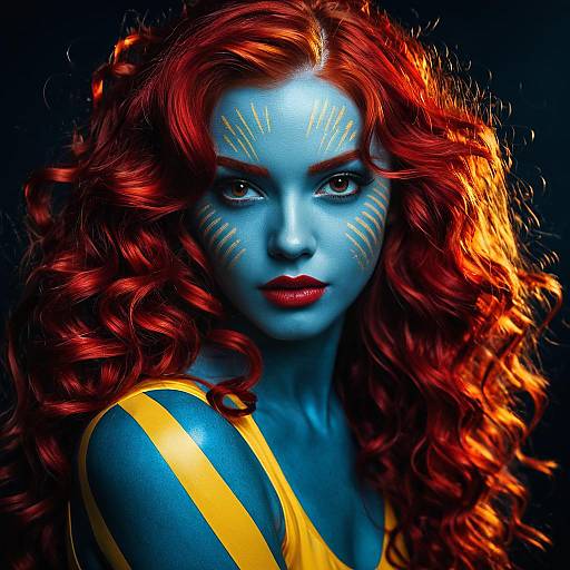 Glamorous Woman with Cerulean Skin and Auburn Hair