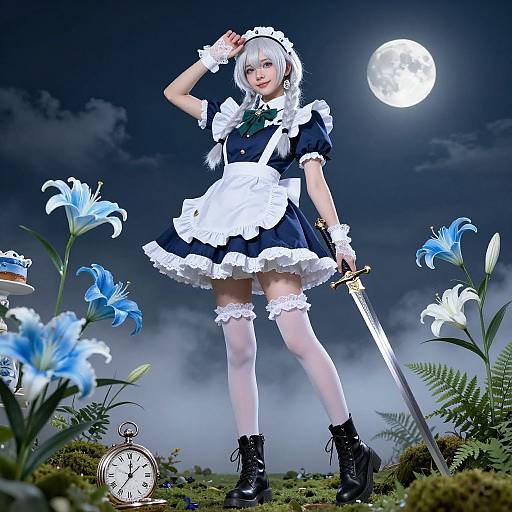 Elegant Maid by Moonlit Garden