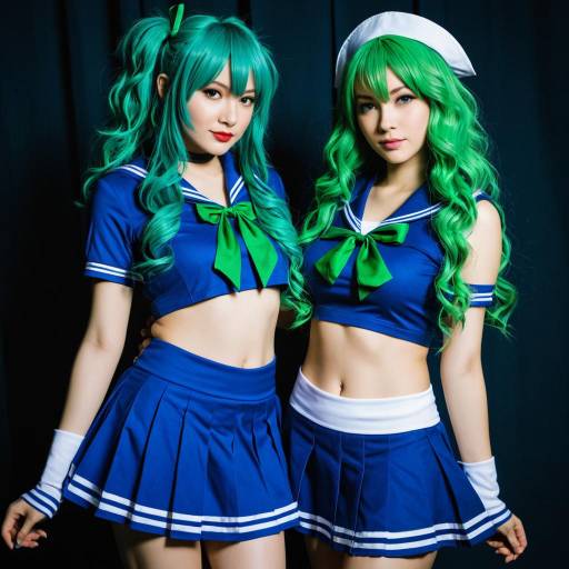 Two Women in Blue Sailor Cosplay Outfits with Green Hair