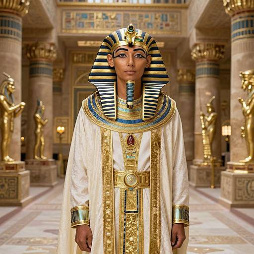 Photorealistic CGI of an Egyptian pharaoh in traditional regalia, standing in an ornate temple with gold statues, striped headdress, and detailed