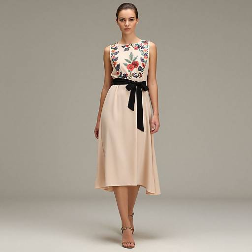 Elegant Beige Dress with Black Sash