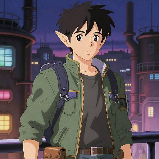 Anime-style digital drawing of a young elf with black hair, wearing a green jacket and backpack, standing in a neon-lit industrial cityscape at night