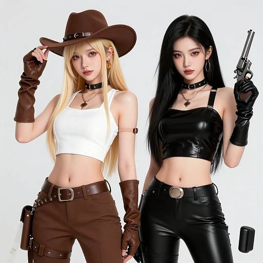 Digital art of two women, one blonde in cowboy hat and white top, other black-haired in leather crop top, both holding guns.