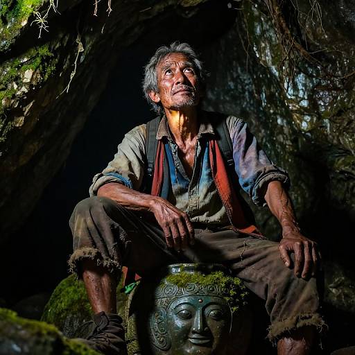 Photograph of an elderly Asian man with gray hair, sitting on a moss-covered stone head, wearing tattered clothes, in a dimly lit forest