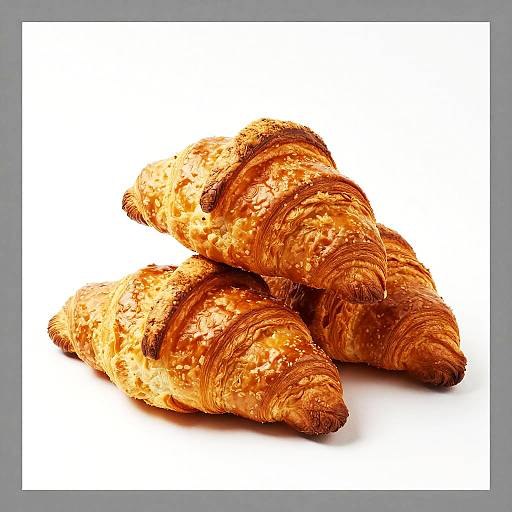 Photograph of three golden-brown, flaky croissants with crispy, textured surfaces, stacked in a triangular formation on a white background.
