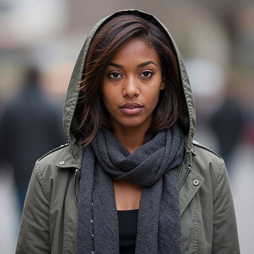 Photograph of a serious Black woman with dark brown skin and straight black hair, wearing a green hooded jacket and dark gray scarf, standing in a