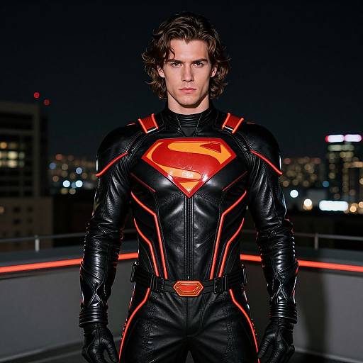 Photograph of a muscular man with wavy brown hair in a black and red Superman suit, standing on a rooftop at night, city lights in the