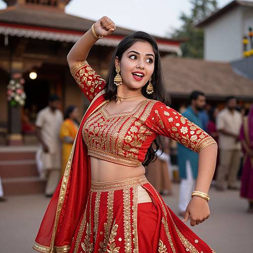 Photograph of a beautiful Indian woman in a vibrant red and gold traditional lehenga-choli, dancing outdoors, with a joyful expression, gold jewelry,